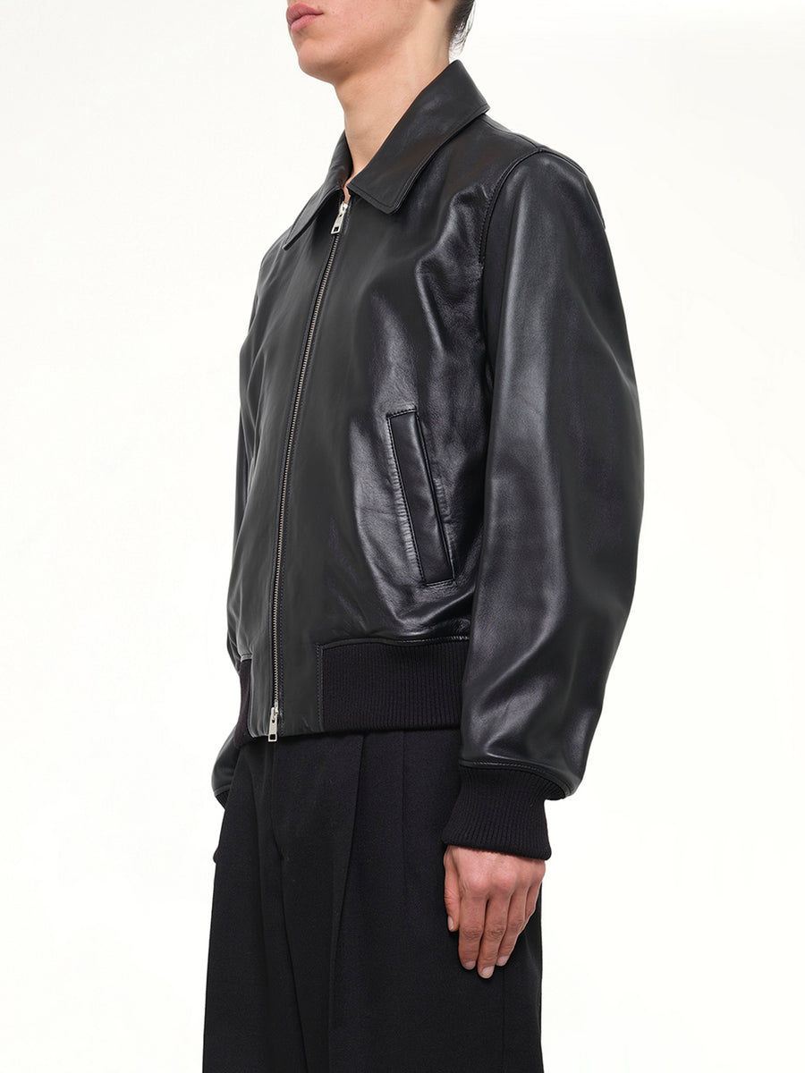 Lamb Leather Zipped Jacket in Black