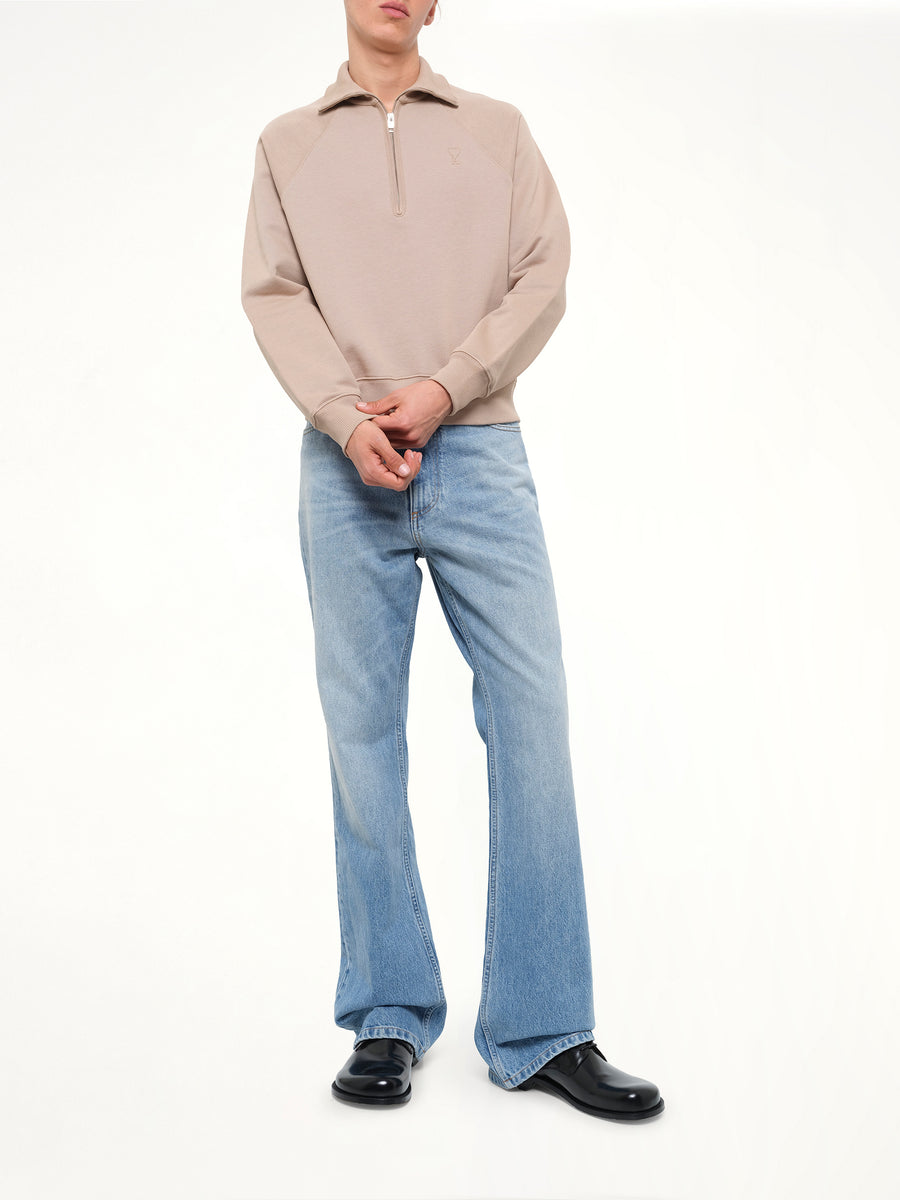 Embossed Ami De Coeur Zipped Sweatshirt in Beige