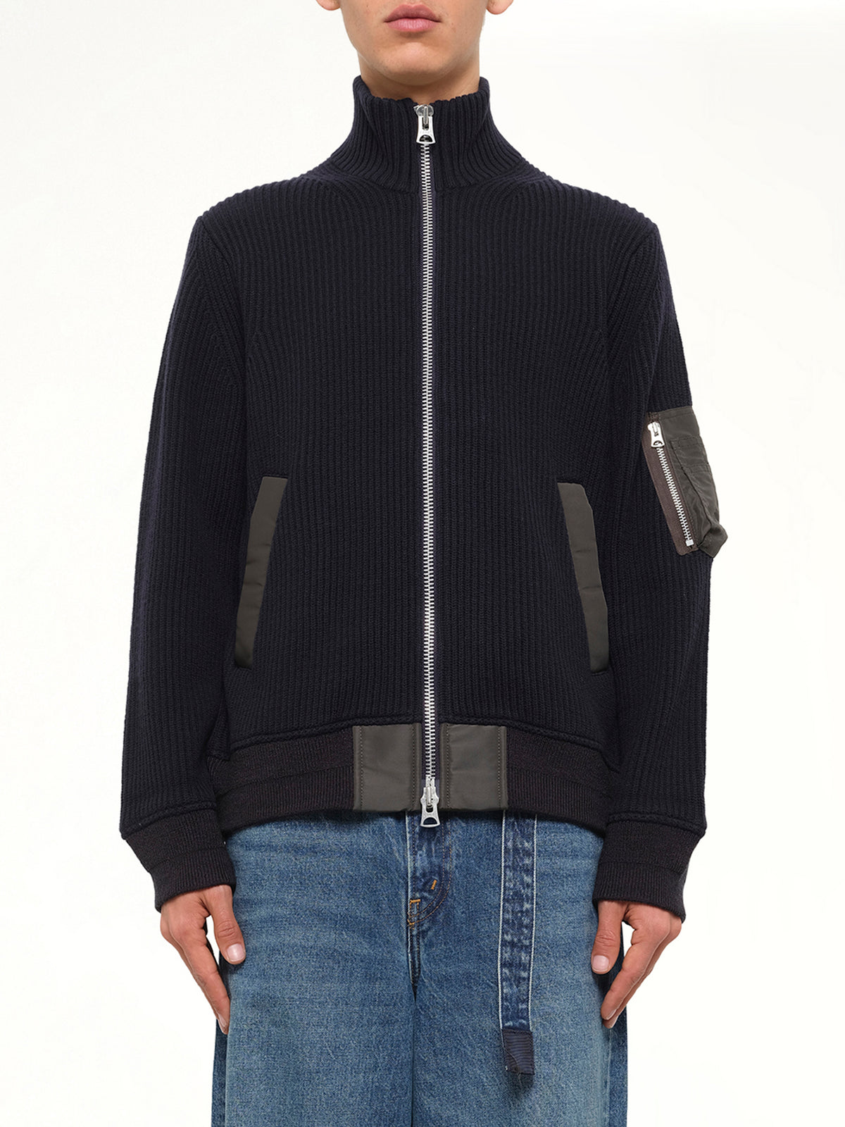 Wool Knit Blouson in Navy/Dark Khaki
