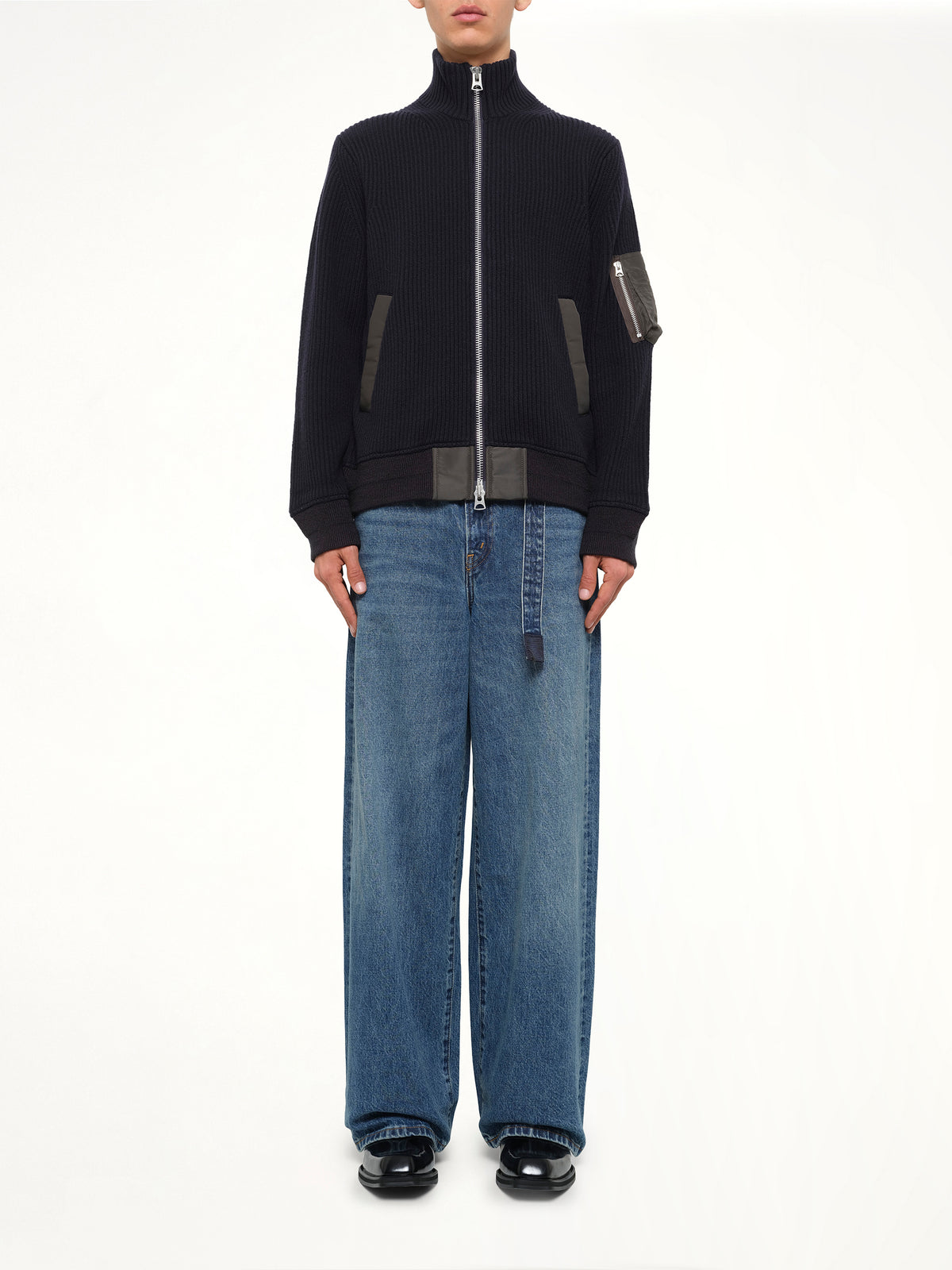 Wool Knit Blouson in Navy/Dark Khaki