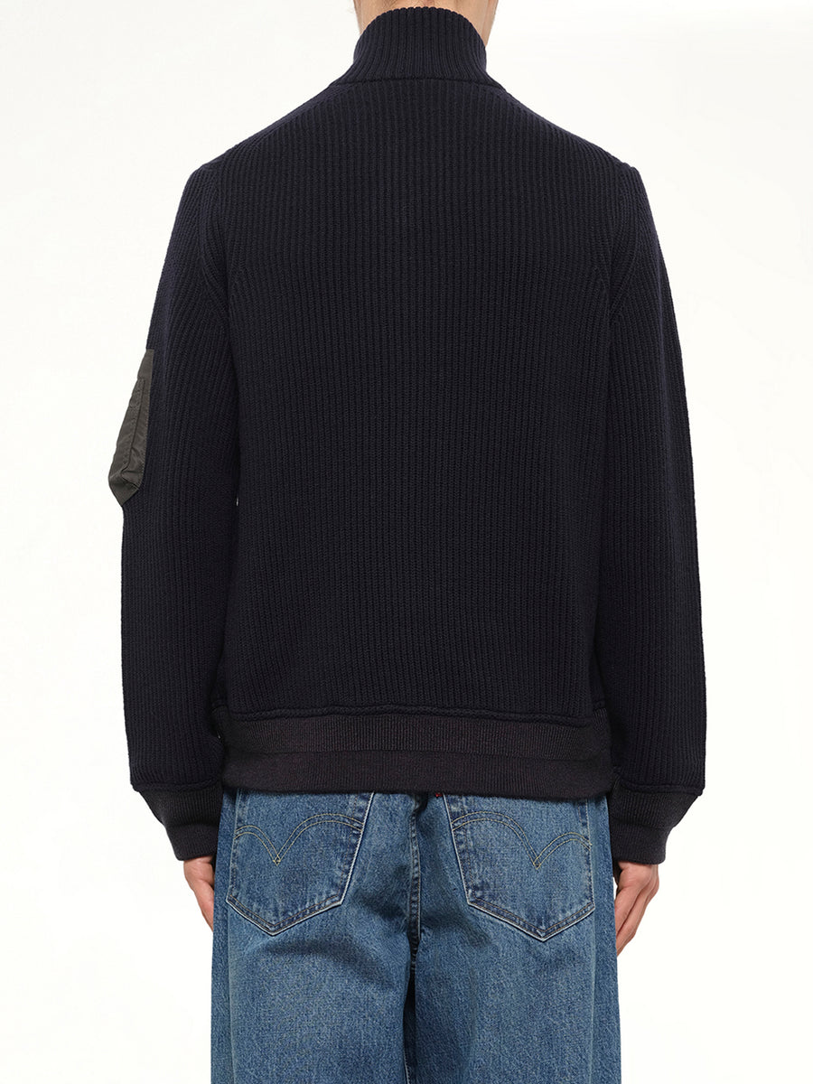 Wool Knit Blouson in Navy/Dark Khaki