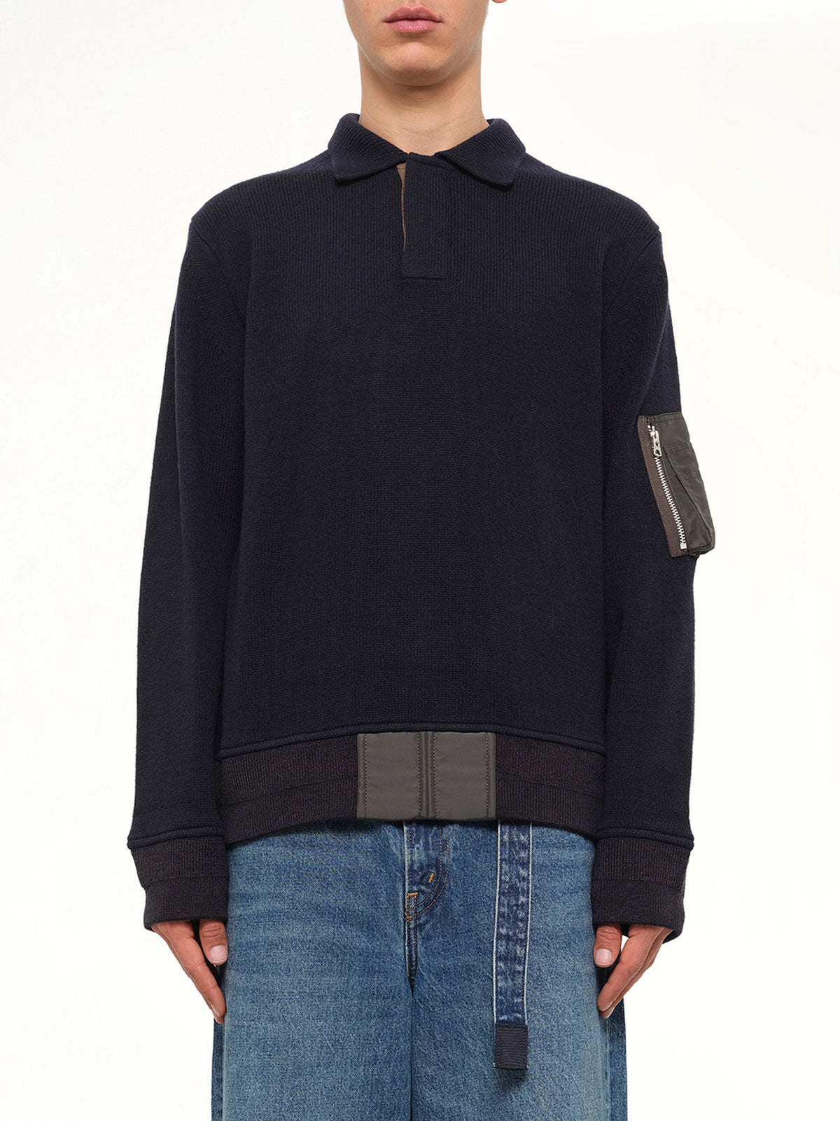 Wool Knit Polo Shirt in Navy/Dark Khaki