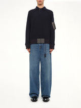 Wool Knit Polo Shirt in Navy/Dark Khaki