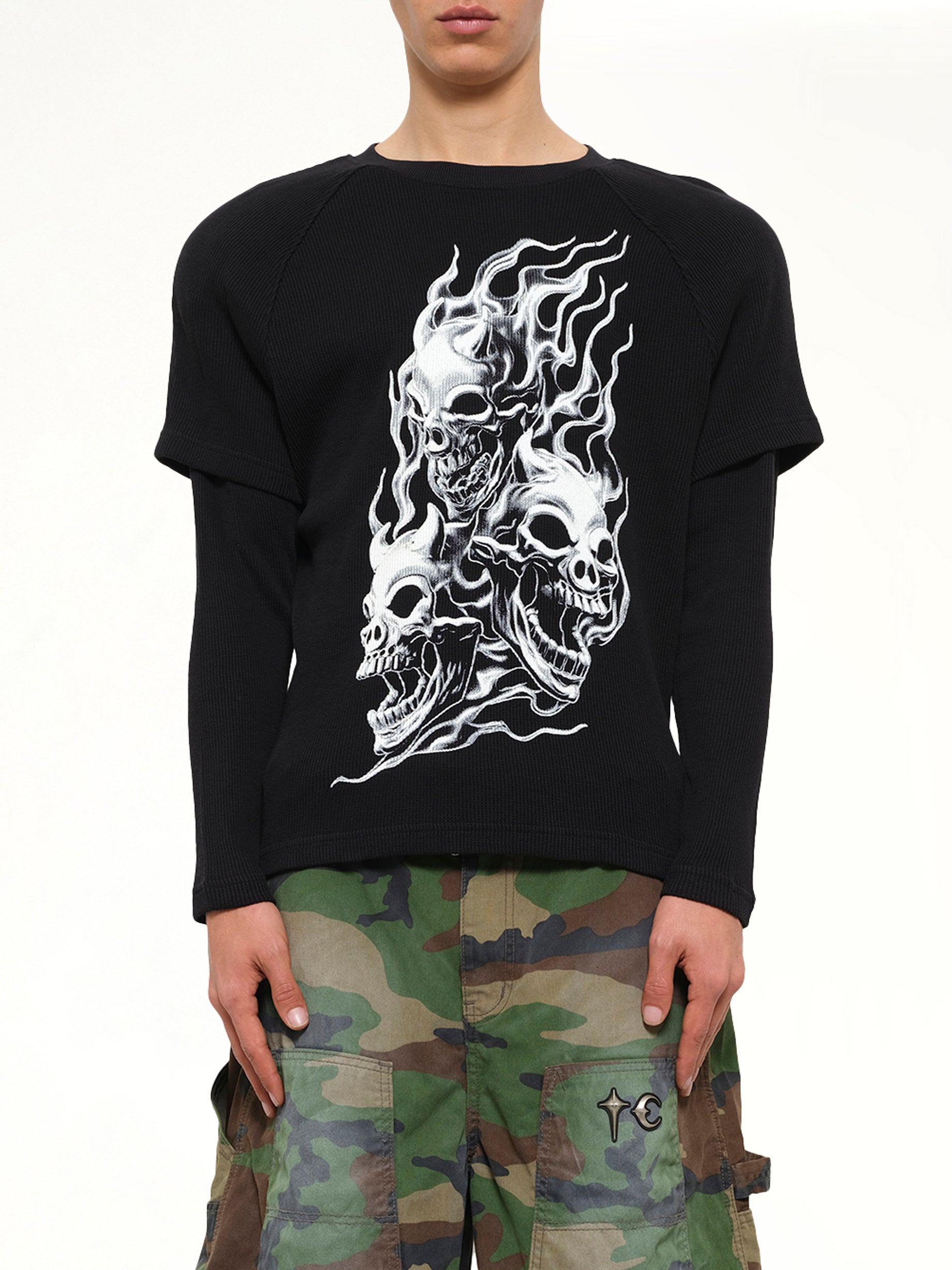 Bulk Shoulder Three Riding Skull Layered T-Shirt in Black