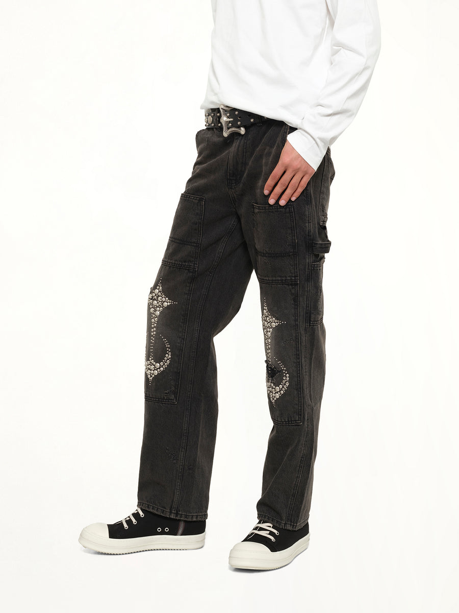 Studded Knee Carpenter Pants in Black