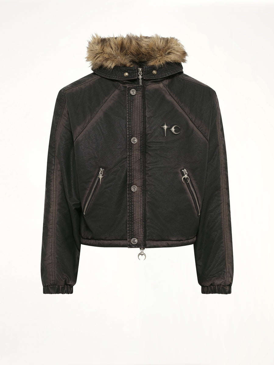 Three Riding Skull Fur Hooded Jacket in Black
