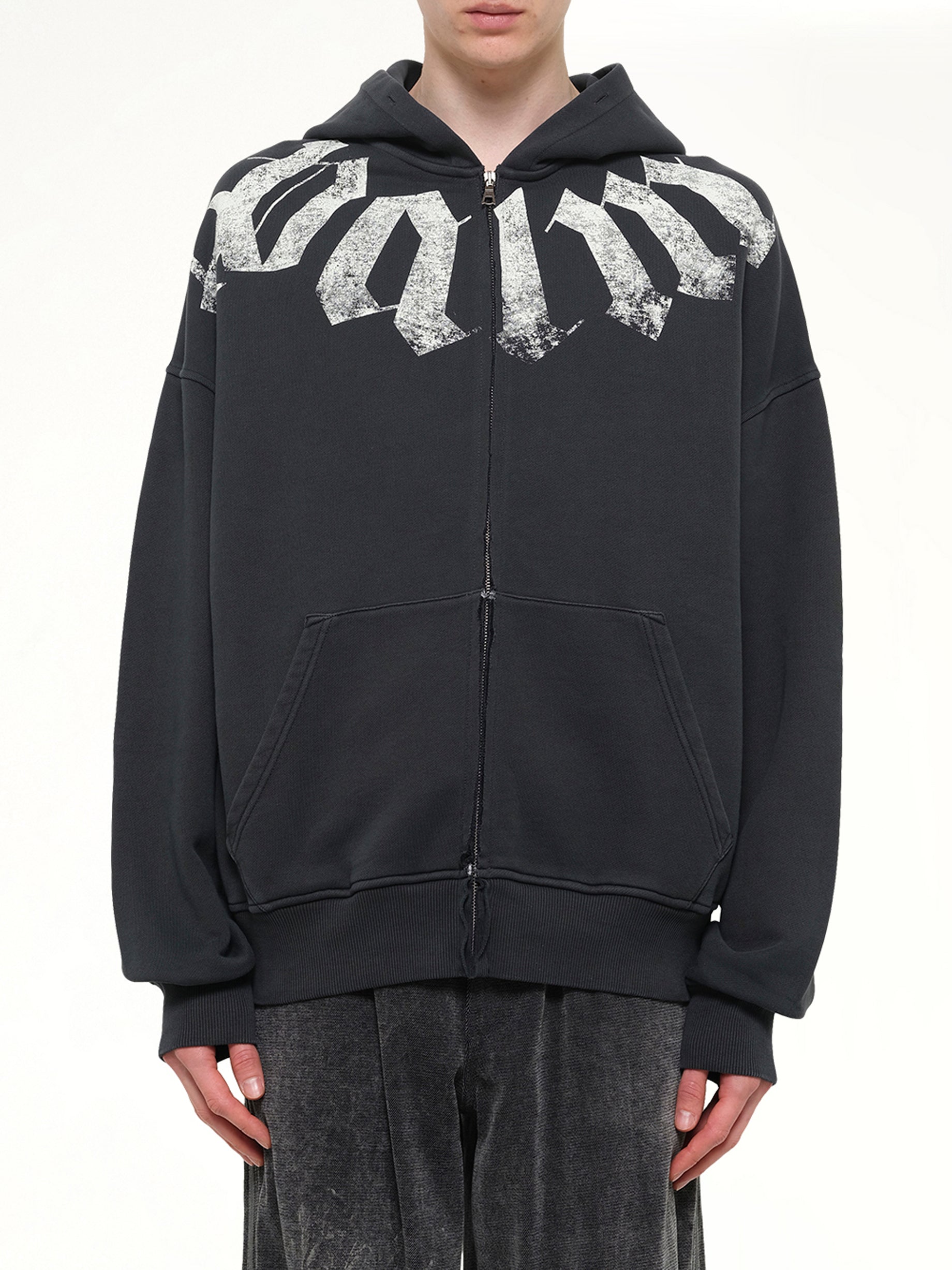 Big Neck Logo Zip Loose Hoodie in Black/Off White