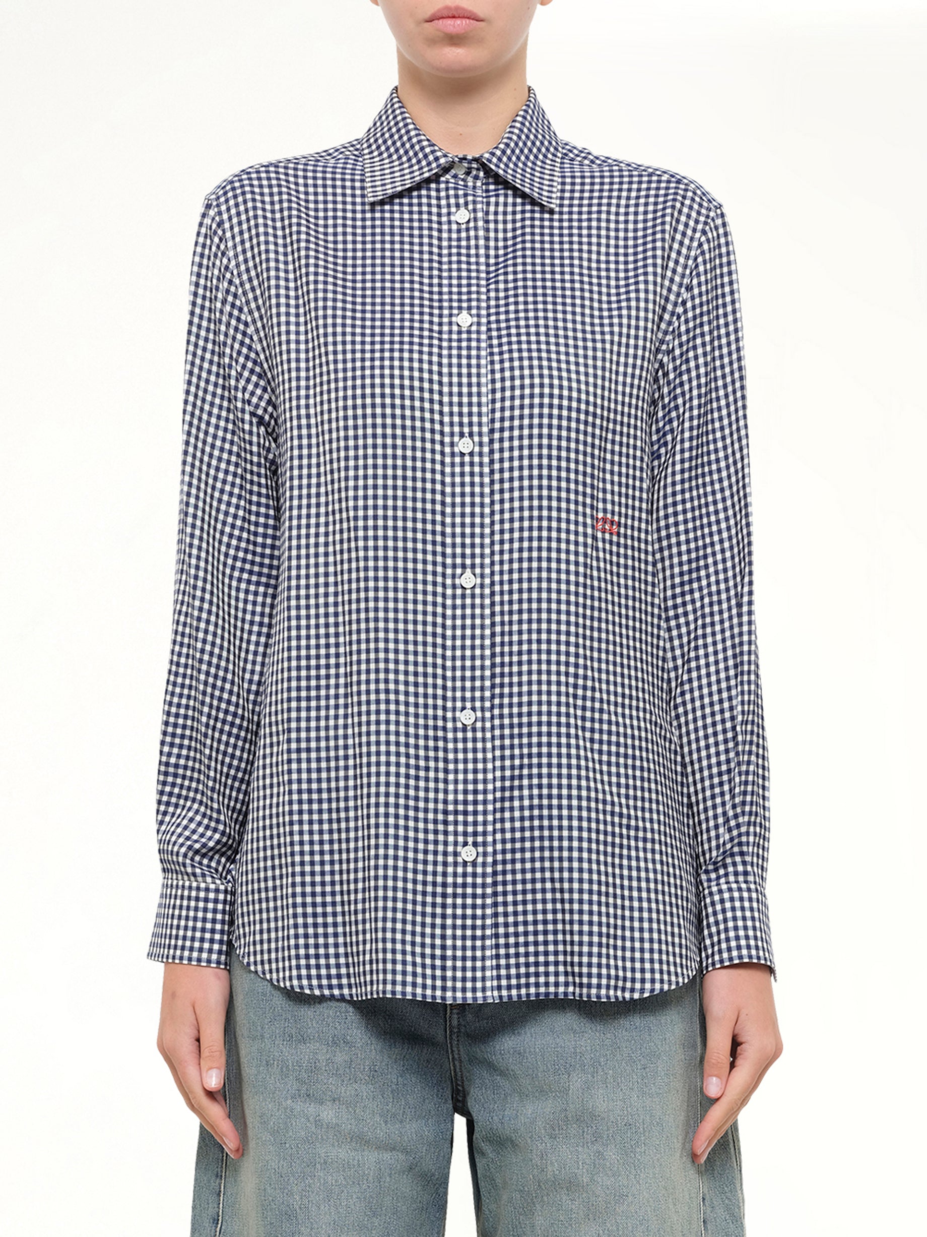 Silk Gingham Check Shirt in Blue/White