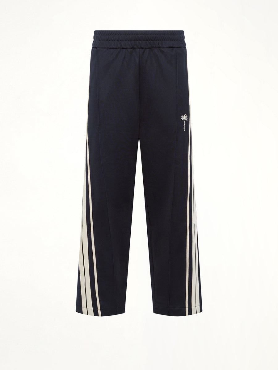 Palm Tree Striped Track Pants in Navy Blue/Off White