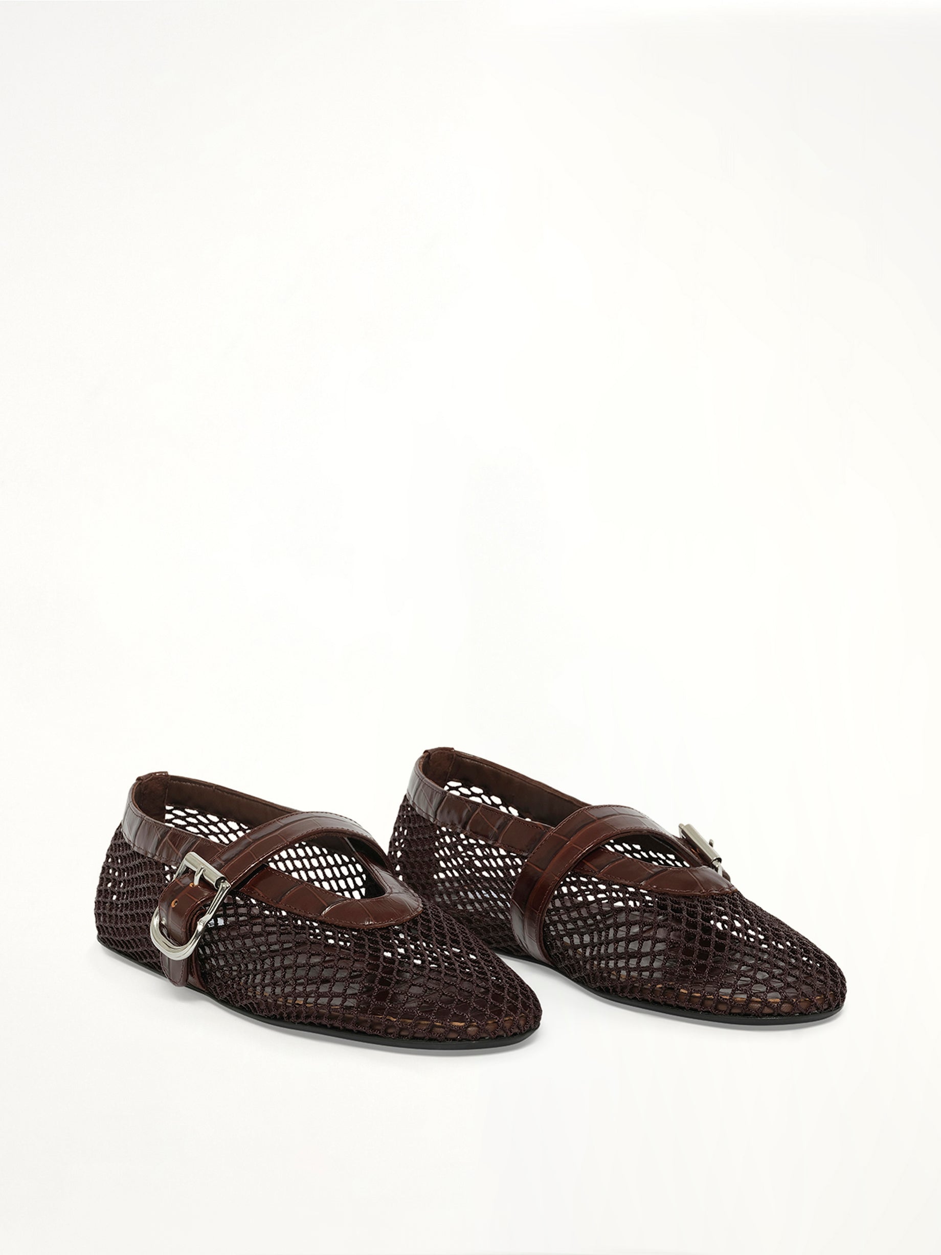 Ballet Fishnet & Croc Flats in Marron Fonce
