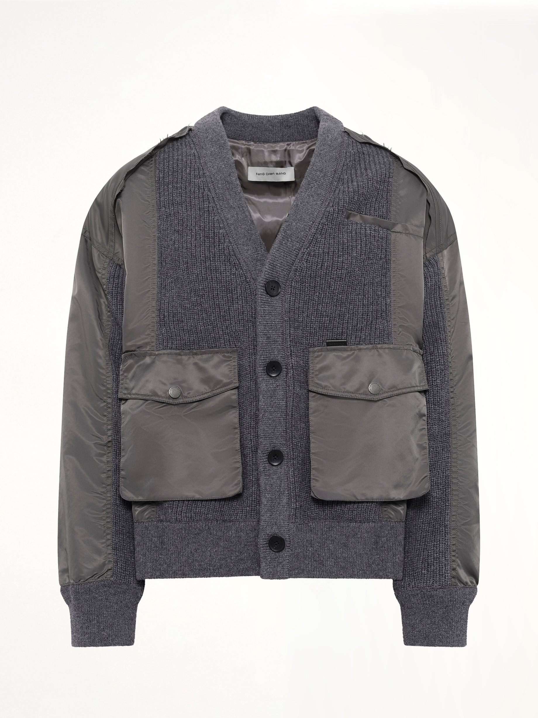 Patchwork Nylon Utility Cardigan in Dark Grey