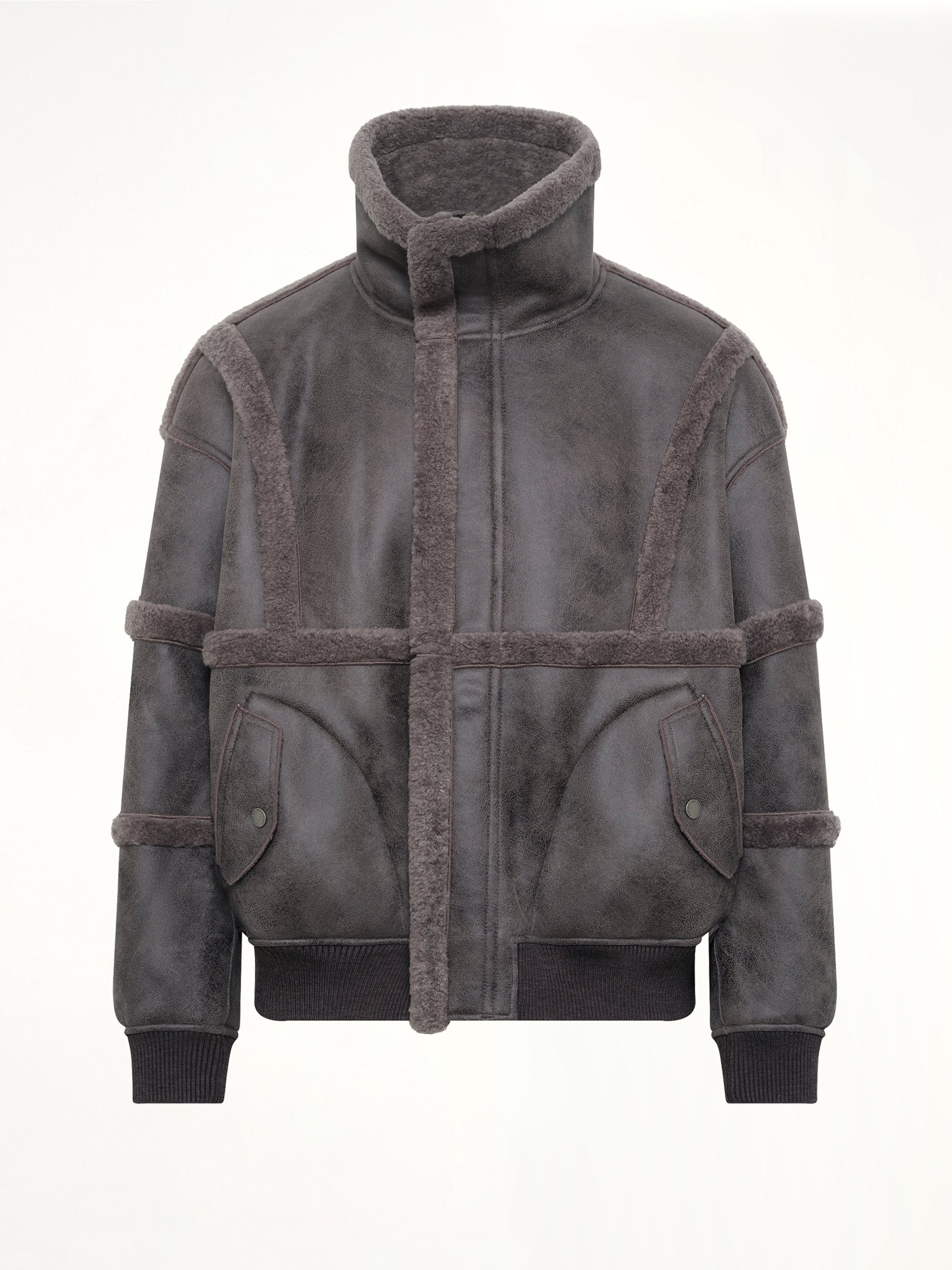 Reversible Faux Shearling Stand-Collar Jacket in Dark Grey