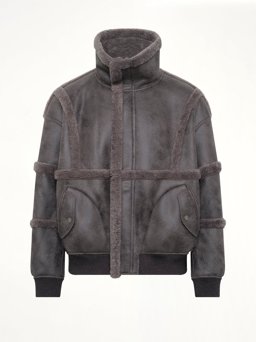 Reversible Faux Shearling Stand-Collar Jacket in Dark Grey