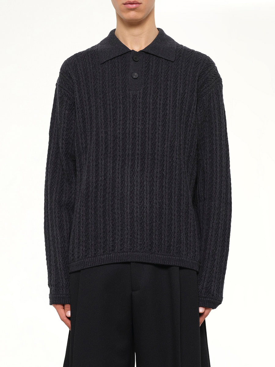 Cable Knit Polo Sweater in Grey
