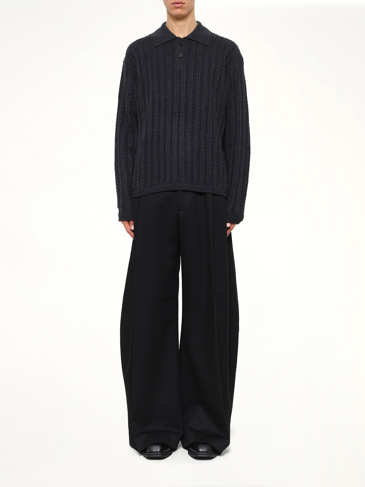 Cable Knit Polo Sweater in Grey