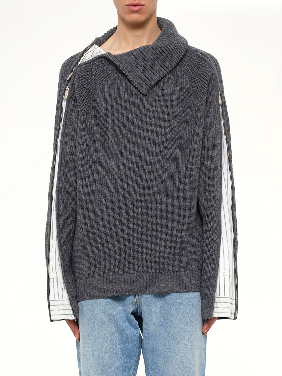 Deconstructed Shirt Fabric Sweater with Patchwork in Grey