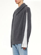 Deconstructed Shirt Fabric Sweater with Patchwork in Grey