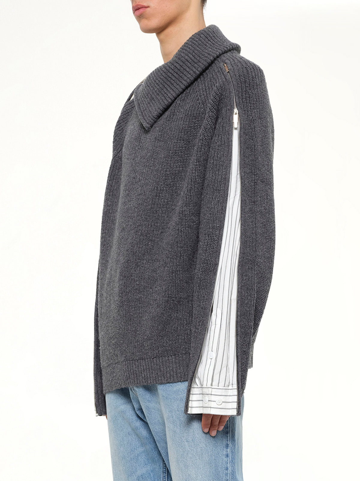 Deconstructed Shirt Fabric Sweater with Patchwork in Grey