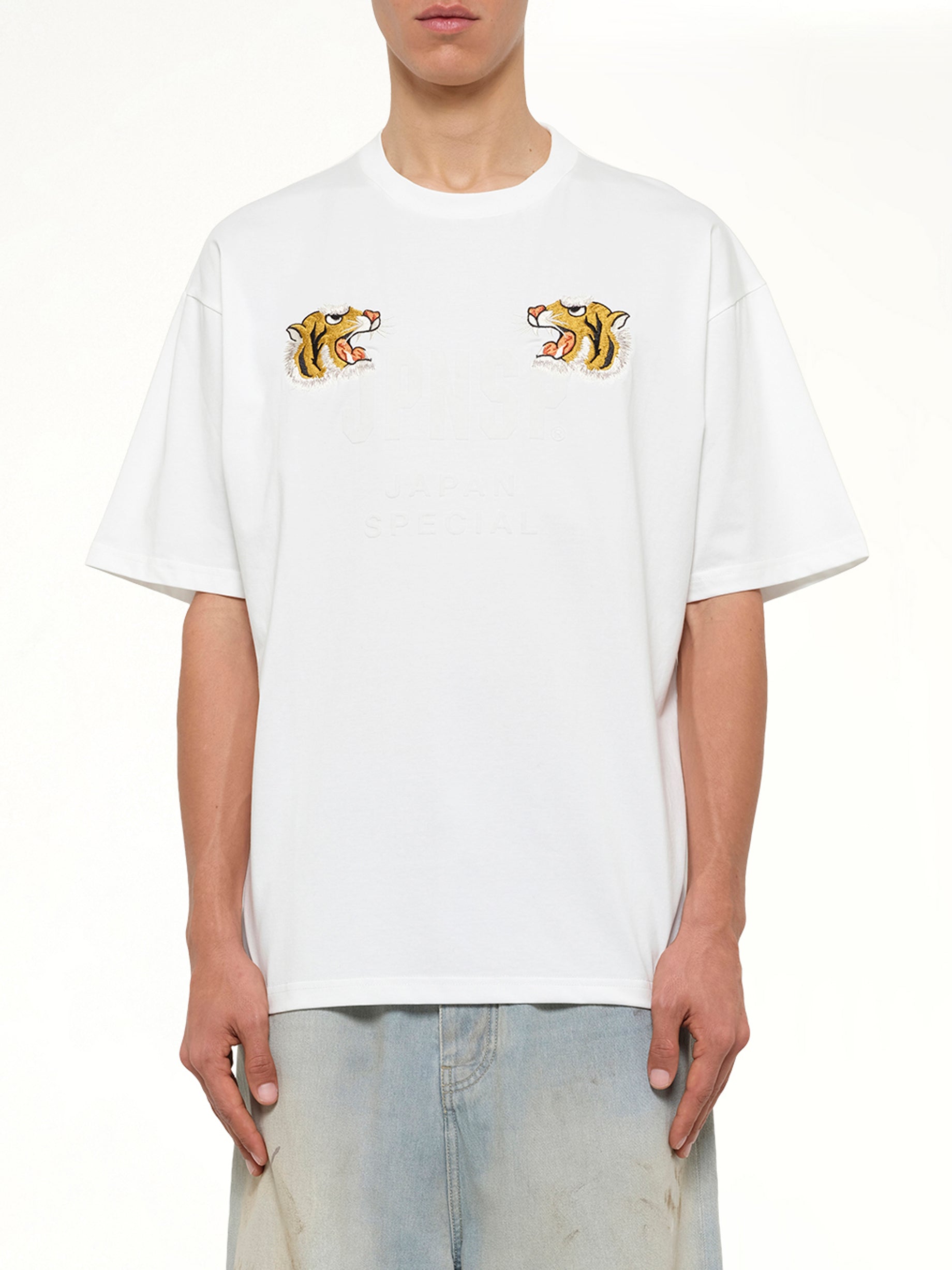 Front Side Embroidery Tiger T-Shirt in Off White