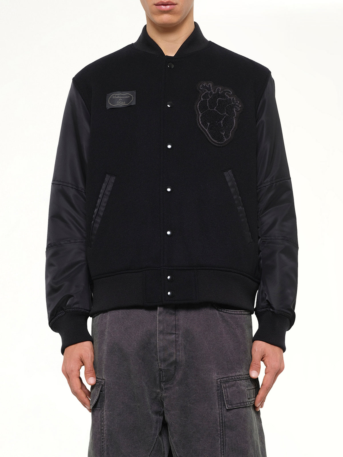 Heart Embroidery Varsity Jacket in Black