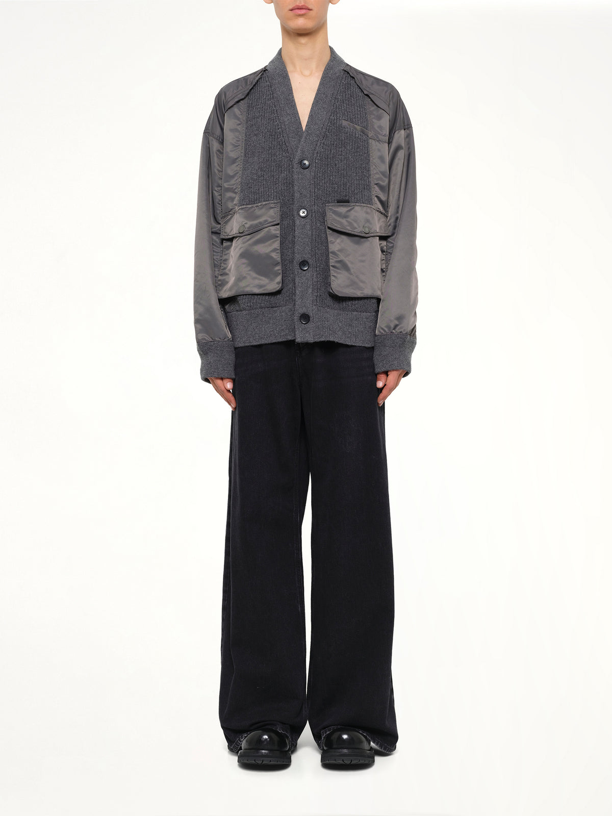 Patchwork Nylon Utility Cardigan in Dark Grey
