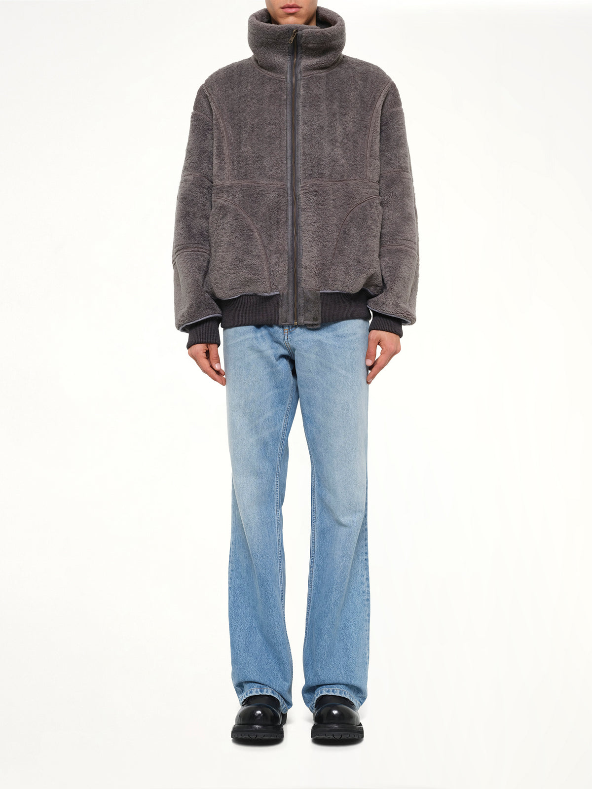 Reversible Faux Shearling Stand-Collar Jacket in Dark Grey