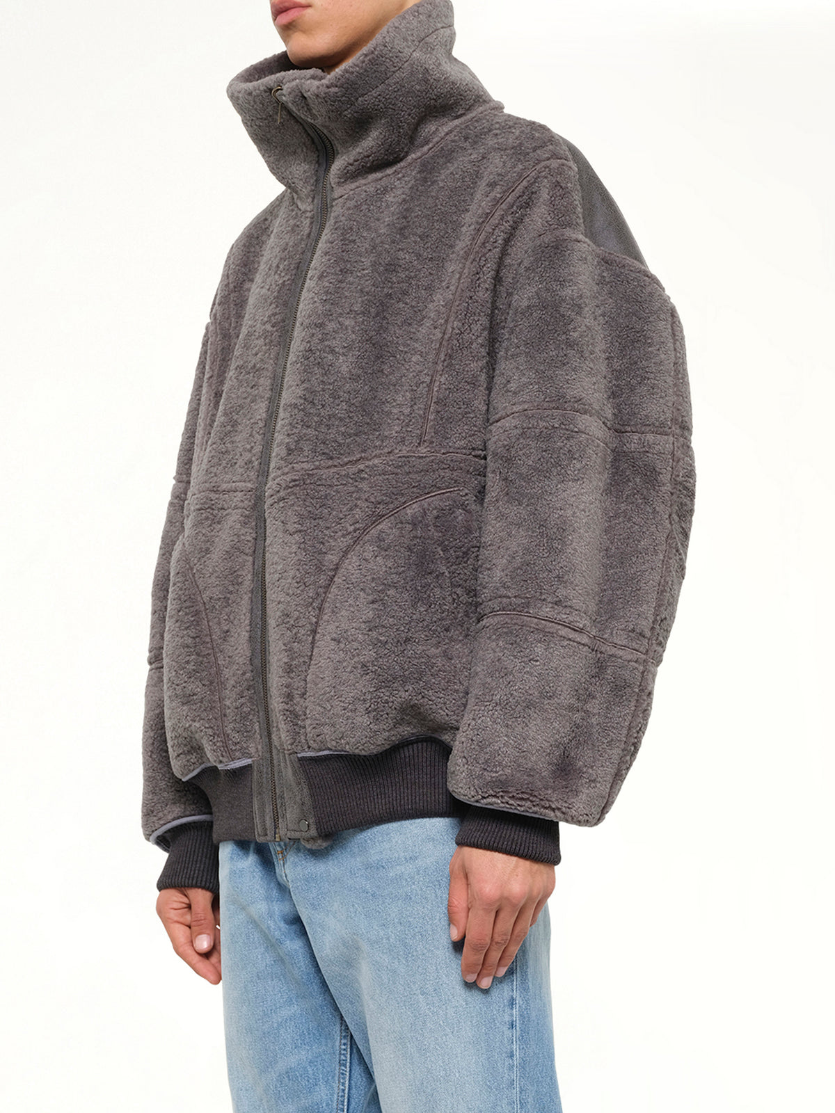 Reversible Faux Shearling Stand-Collar Jacket in Dark Grey