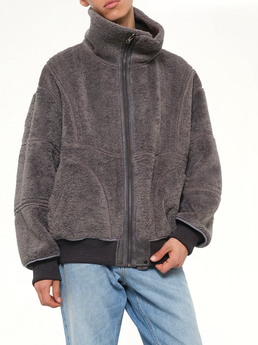 Reversible Faux Shearling Stand-Collar Jacket in Dark Grey