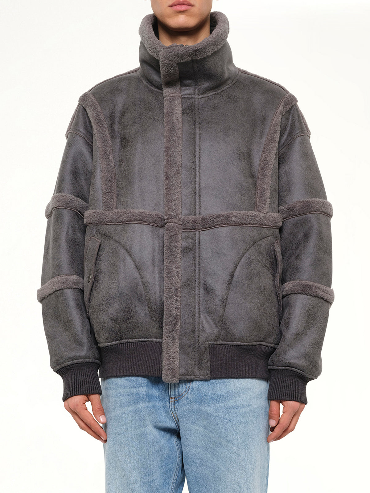Reversible Faux Shearling Stand-Collar Jacket in Dark Grey