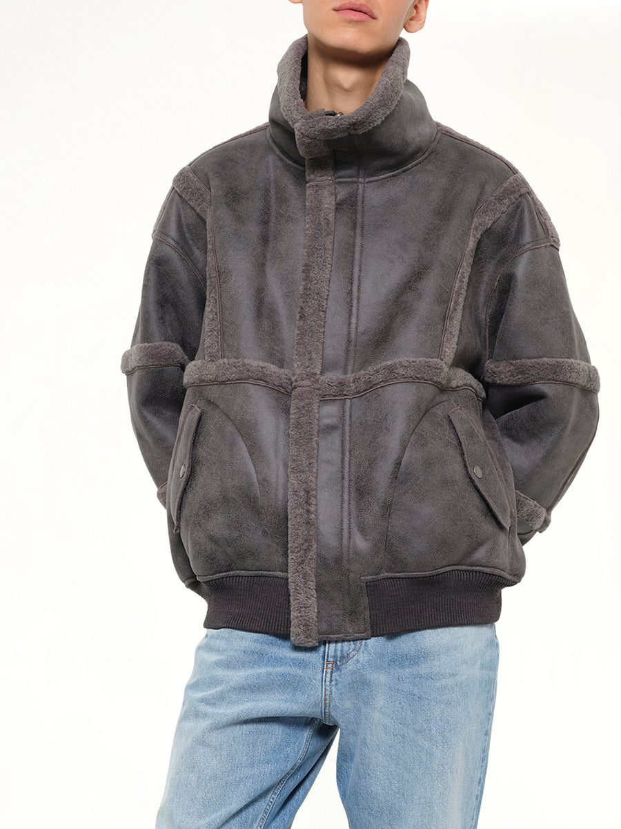 Reversible Faux Shearling Stand-Collar Jacket in Dark Grey