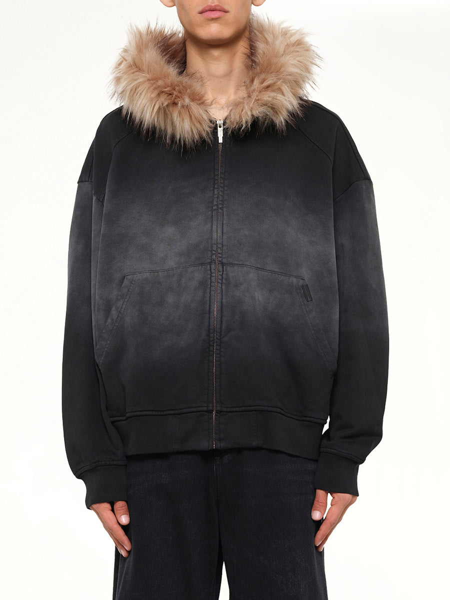 Washed Faux Fur-Trim Zip-up Hoodie in Grey