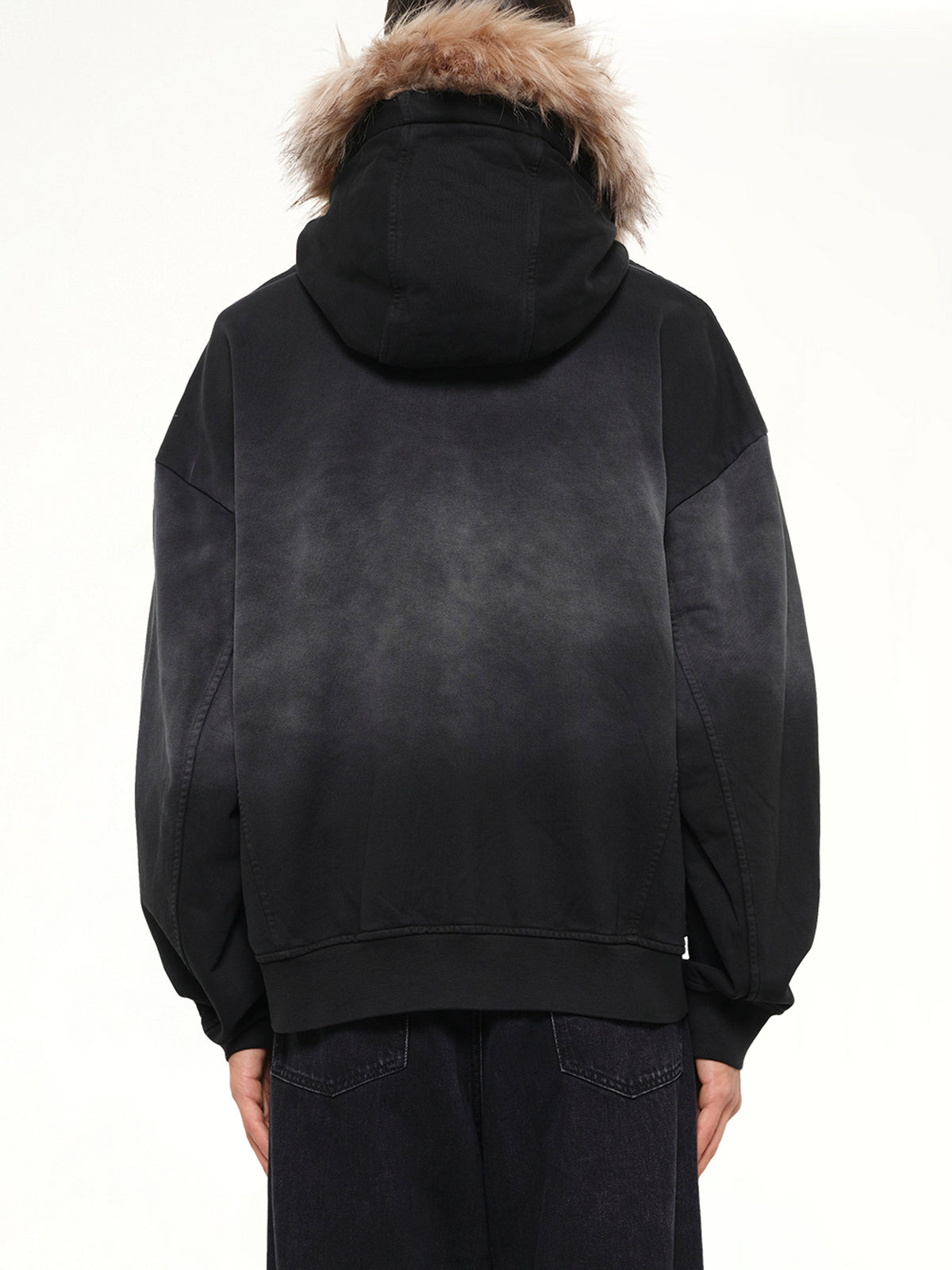 Washed Faux Fur-Trim Zip-up Hoodie in Grey