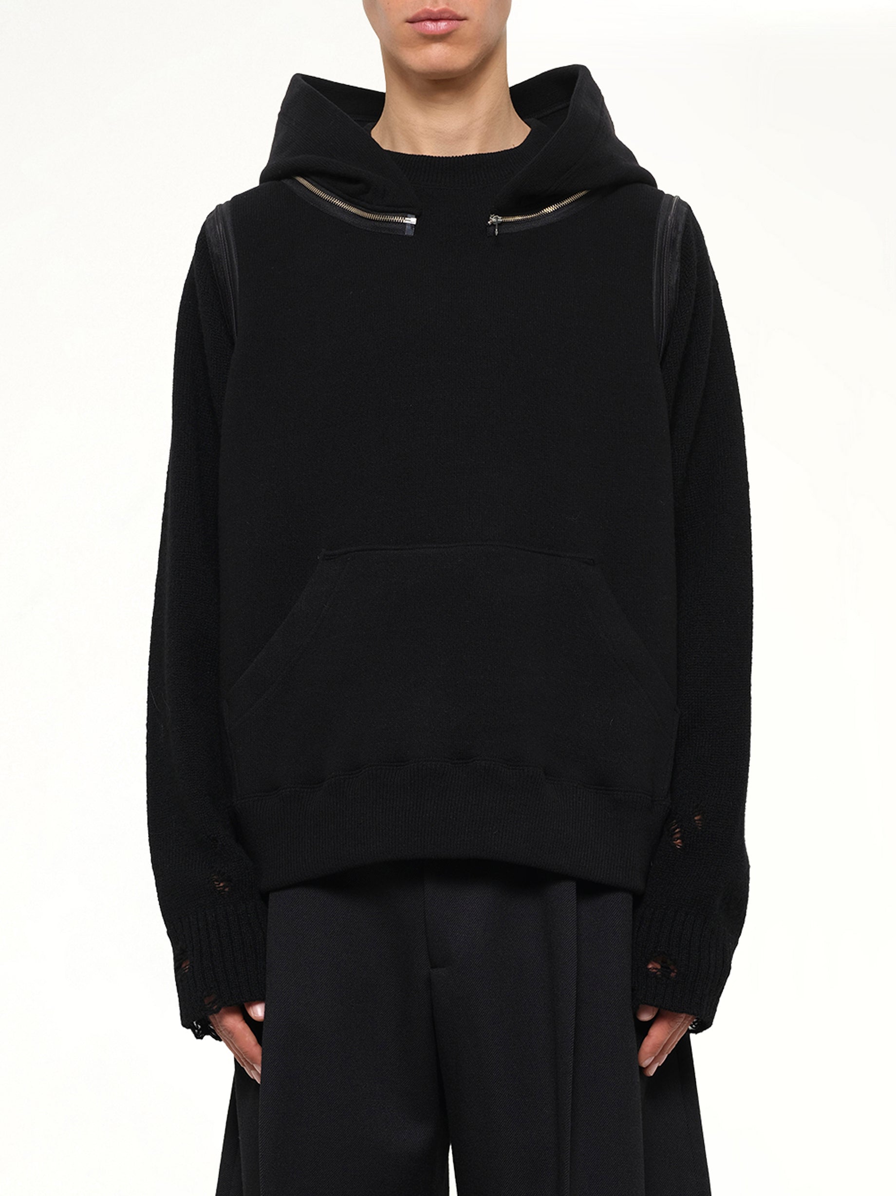 Wool Deconstructed Hoodie in Black
