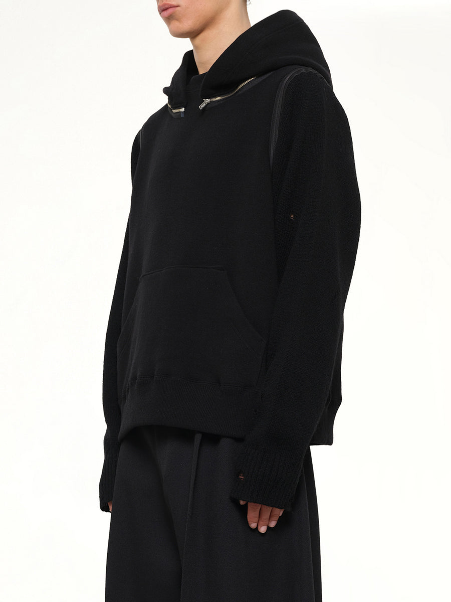 Wool Deconstructed Hoodie in Black
