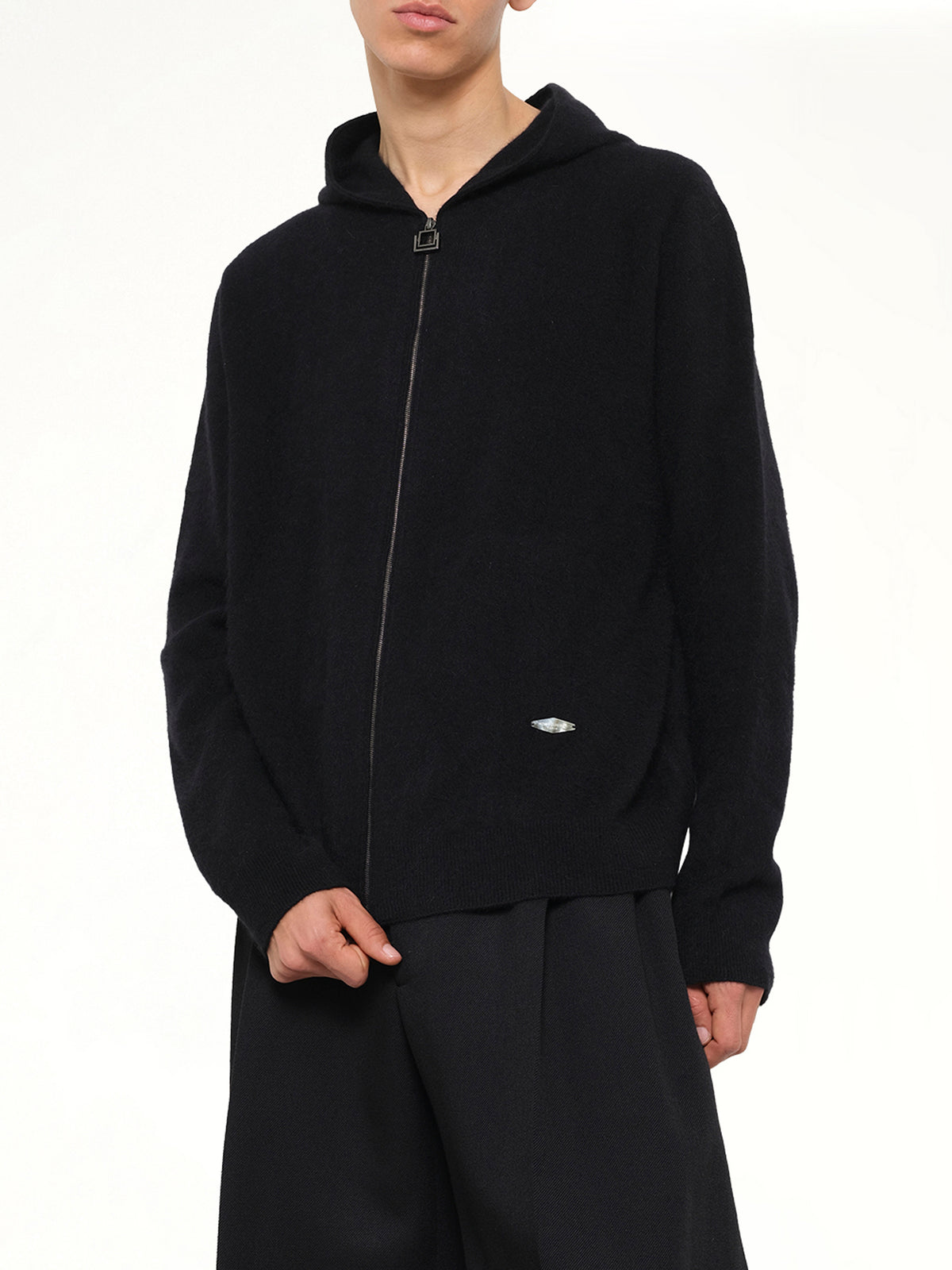Wool Zipped Hoodie in Black